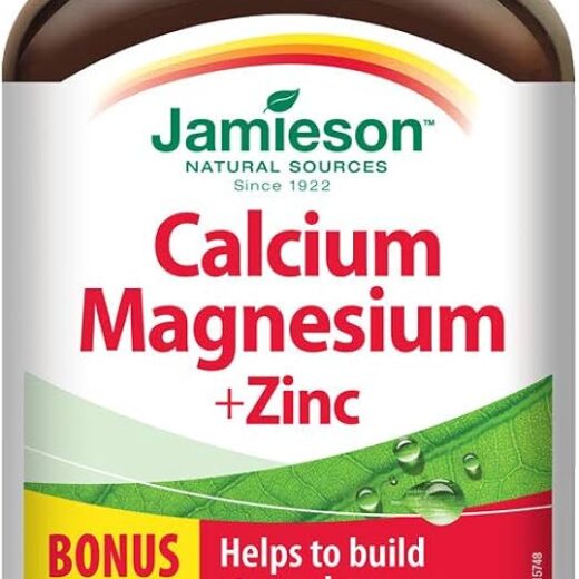 Jamieson Calcium Magnesium and Zinc, High Absorption, Supports Bone Health, Immune Health, and Muscle Function, Helps Prevent Osteoporosis and Bone Loss. Easy to Swallow, Vegetarian, Non-GMO, Gluten-Free, 200 Caplets, Proudly Canadian