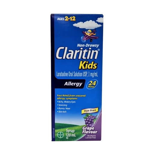 Claritin Kids Age 2-12, Non-Drowsy Loratadine Syrup 1mg/mL (Grape Flavour) (120 mL)