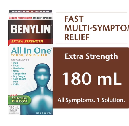 Benylin Extra Strength All-In-One Cold & Flu Daytime Syrup, 180 mL