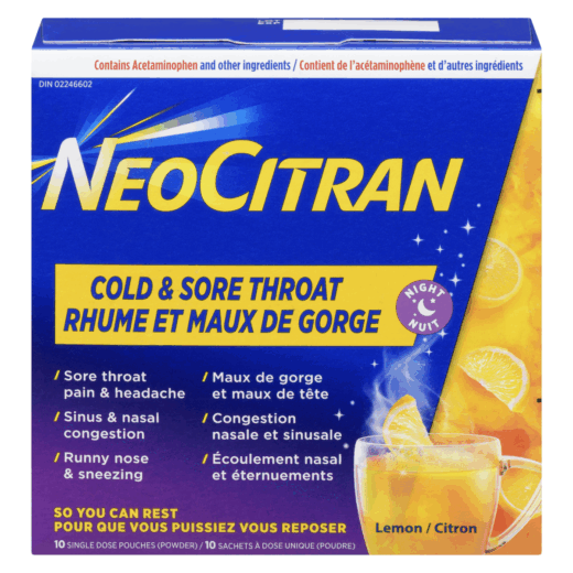 NeoCitran Extra Strength Nighttime Cold & Sore Throat Lemon Flavour (10 count)