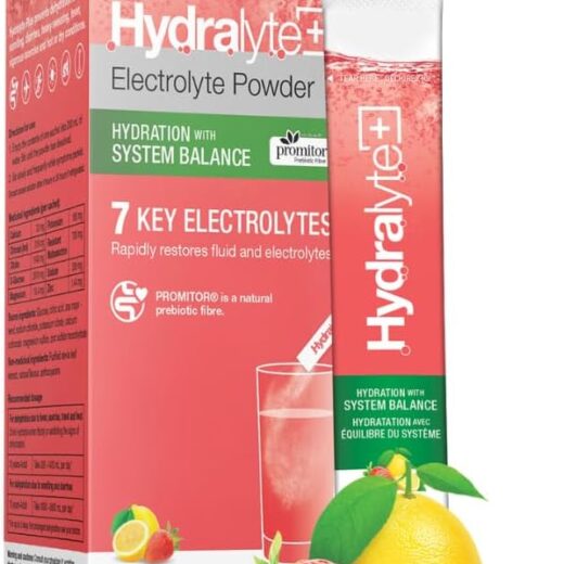 Hydralyte Plus System Balance, Hydration with PROMITOR Prebiotic Fiber, Daily Electrolyte Powder Drink, Strawberry Lemonade 10 ct