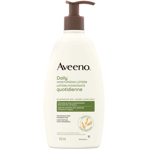 Aveeno Daily Moisturizing Lotion with Pump, Dry Skin, Non Comedogenic, Prebiotic Oat, Daily Moisturizer, Fragrance Free. 532mL